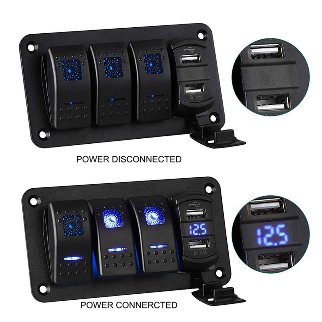 3 Gang Toggle Switch Panel 12V 24V Waterproof Rocker Switch Panel with Double USB Charger Port LED Lighted Protected Control Car