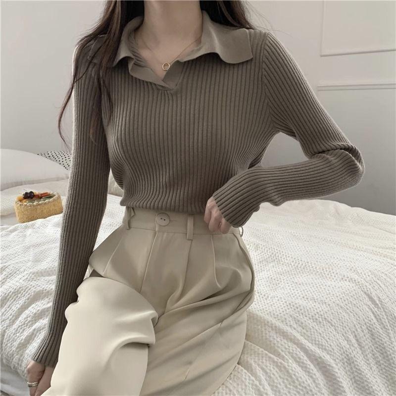 Women's Pure and Sexy Style Polo Collar Knitted Shirt Spring and Autumn Top Outer Wear Slim-Fitting Spicy Girl Sweater Versatile Soft Base Layer
