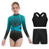 Girls Sparkly Rhinestones Color Block Leotard Long Sleeve Keyhole Back Design Cross Back Vest Shorts Skating Outfit