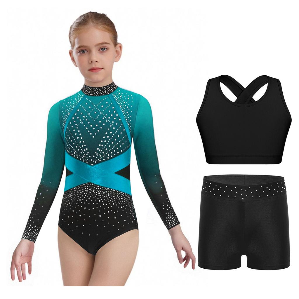 Girls Sparkly Rhinestones Color Block Leotard Long Sleeve Keyhole Back Design Cross Back Vest Shorts Skating Outfit