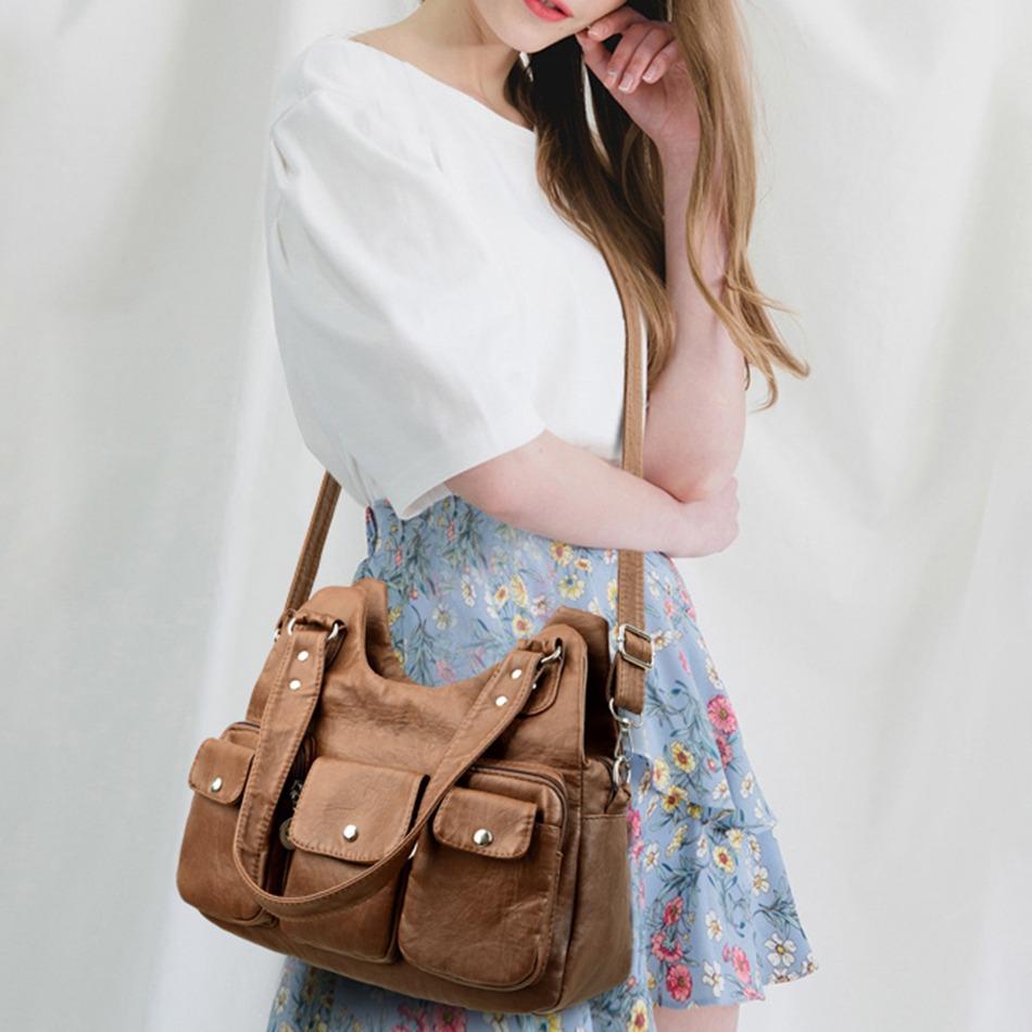 Women Casual Multiple Pockets Tote Bag Lady Large Capacity Shoulder Crossbody Bag for Women Vintage Soft Leather Travel Bag