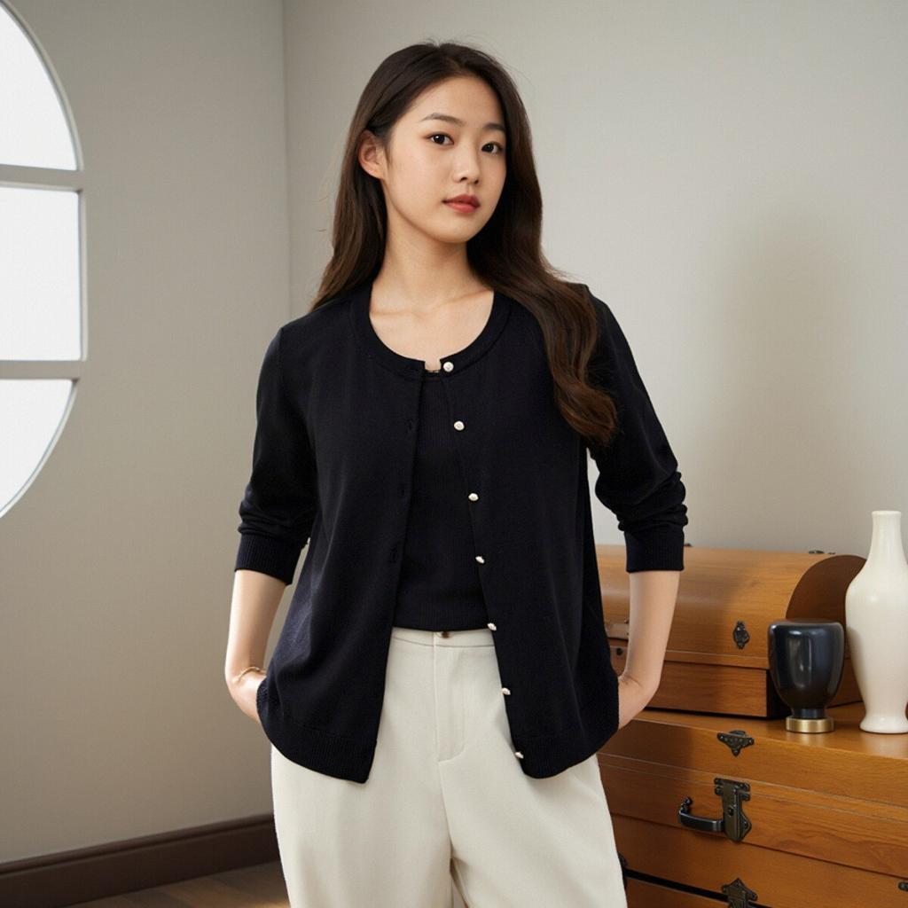 Women's Long Sleeve Cardigan Crew Neck Business Casual Knit Top