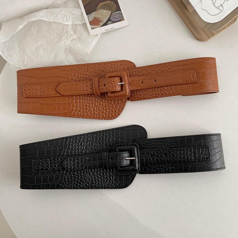 Women Wide Belt Crocodile Pattern Pu Leather Corset Belts Retro Adjustable Waistband for Lady Coat Dress Accessories Cummerbund