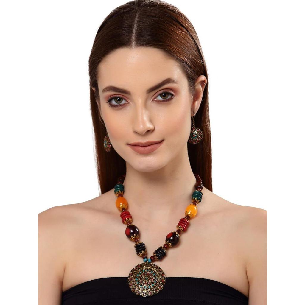 Latest Stylish Traditional Tibetan Pendant Necklace Jewellery Set for Women