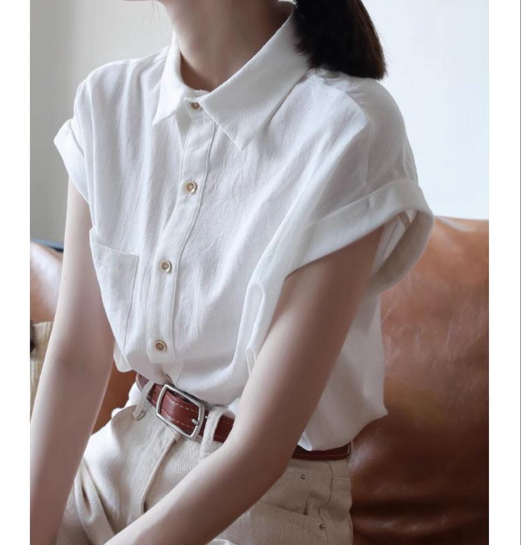 Simple Cow Ear Sleeve Design Sense 1116 Early Spring New Short Sleeve Breathable and Comfortable White Shirt Blouse