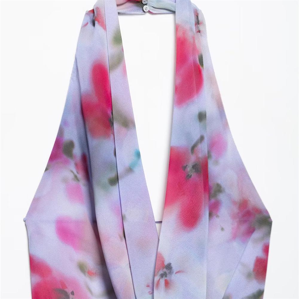 2025 Spring/Summer Slim Fit Sexy Printed Halterneck Cowl Neck Midi Dress for Women