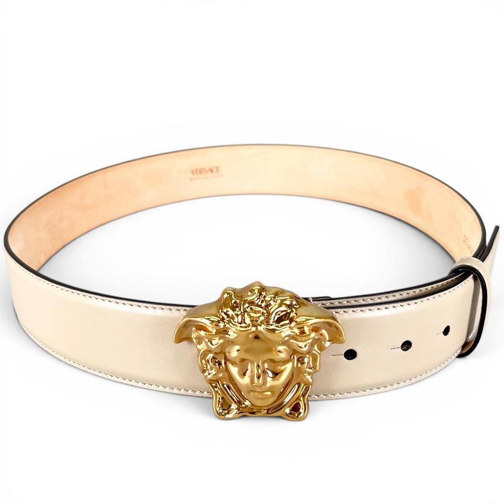 Great VERSACE Belt Medusa Motif Buckle Beige Calf Leather Mens Used