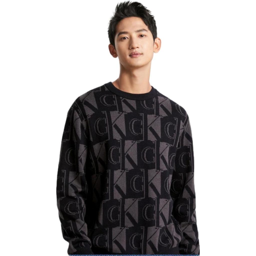 Calvin Klein FW23 Letter Jacquard Crew Neck Pullover Wool Sweater Men Sweater Space-Black J324411
