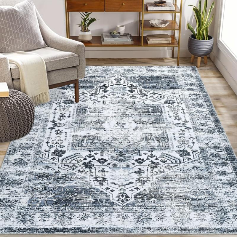 Vintage Grey Floral Area Mat Large Size for Living Room or Bedroom Décor, Elegant Persian-Inspired Design Classic Mat Home Decor