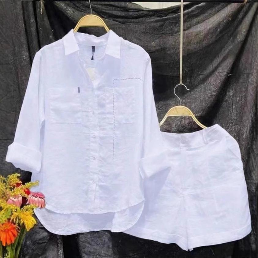 Solid Color Cotton-Linen Shirt & Pants Set - Women's Fashion for Spring & Autumn