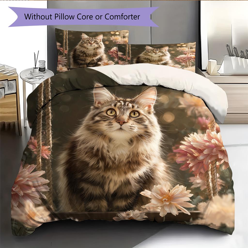 Maine Coon and Flowers Pattern Bedding Home Decoration Birthday Gift (1 * Duvet Cover + 2 * Pillowcase, Without Core)