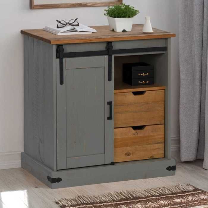 VidaXL Buffet HALDEN Sliding Door Grey 80x40x80 Cm Solid Wood, Storage Cabinet, Kitchen Storage Cabinet, 4018419