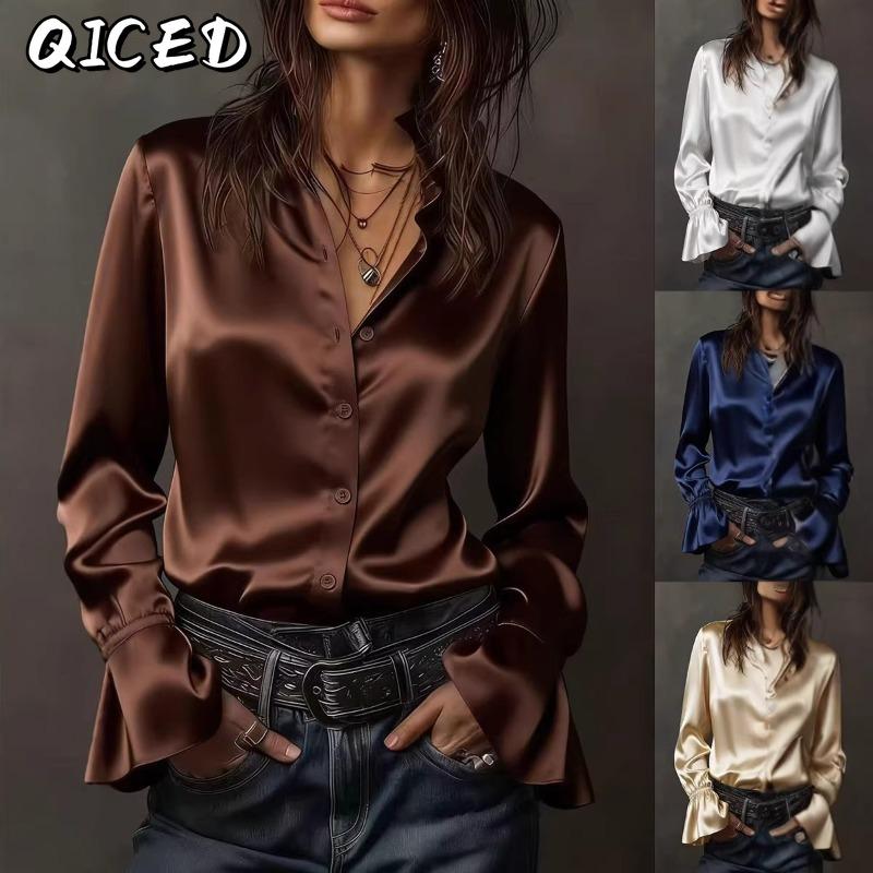 QICED Camicette e camicie a maniche lunghe con scollo a V, stampate in tinta unita, casual e alla moda da donna