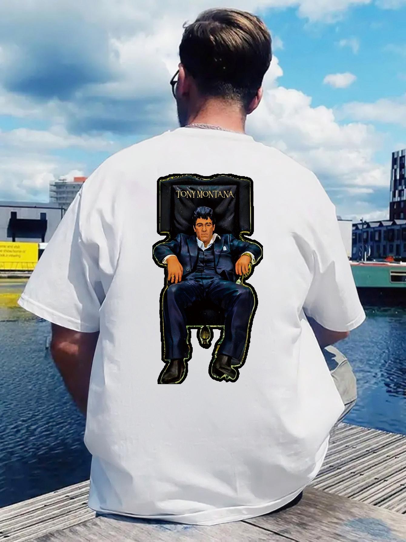 White T-shirt with  Scarface  Graphic Print - Bold Blue & Black Design XXL