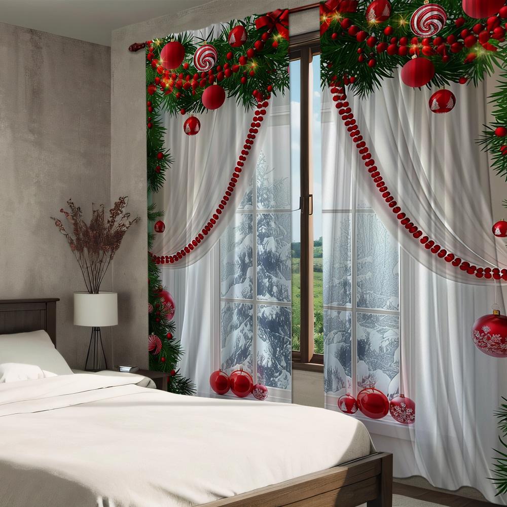 2-Piece Set Christmas & Green Leaf Digital Print Curtains - RodPocket Design For Living Room, Bedroom, Kitchen, And Office Decor