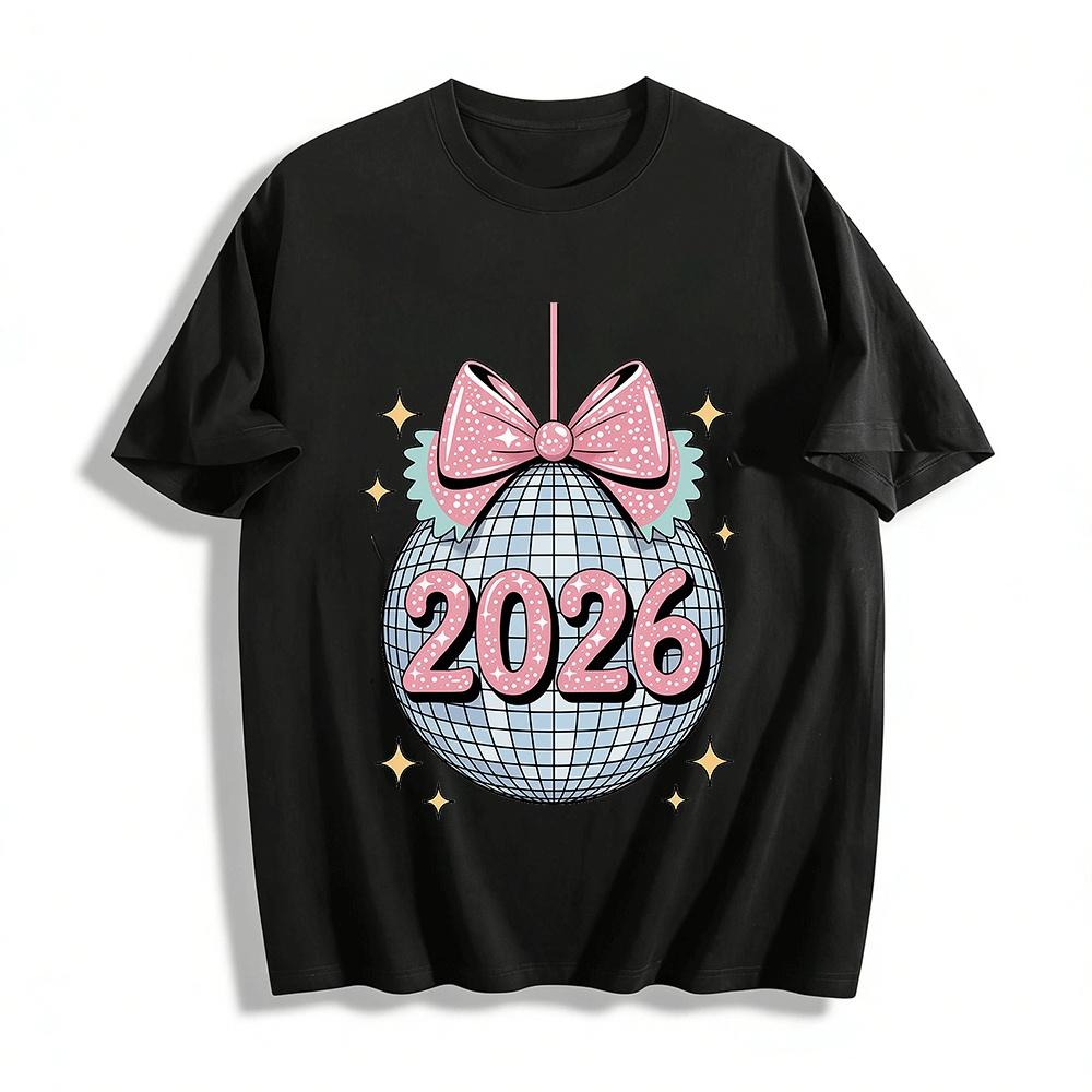 2026 New Year Party Disco Ball Bow Print Casual Top Pure cotton T-shirt XXS