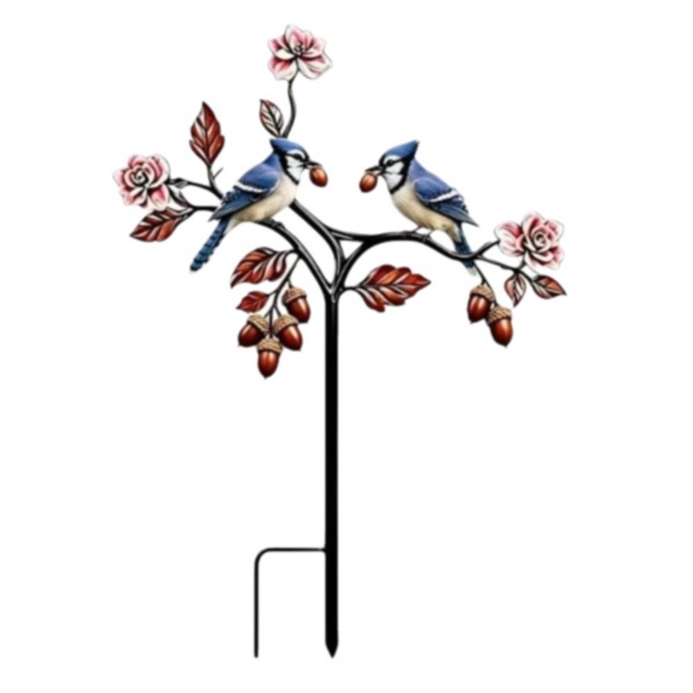 2D Flat Red Bird Garden Stake Iron Handmade Flower Branch Ground Plug Animals Pattern Funny Outdoor Yard Art Yard Ornament
