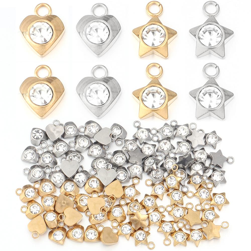 5-10pcs Stainless Steel Heart Star Charms Gold Silver Color Zircon Pendants for DIY Necklace Bracelet Jewelry Making Accessories