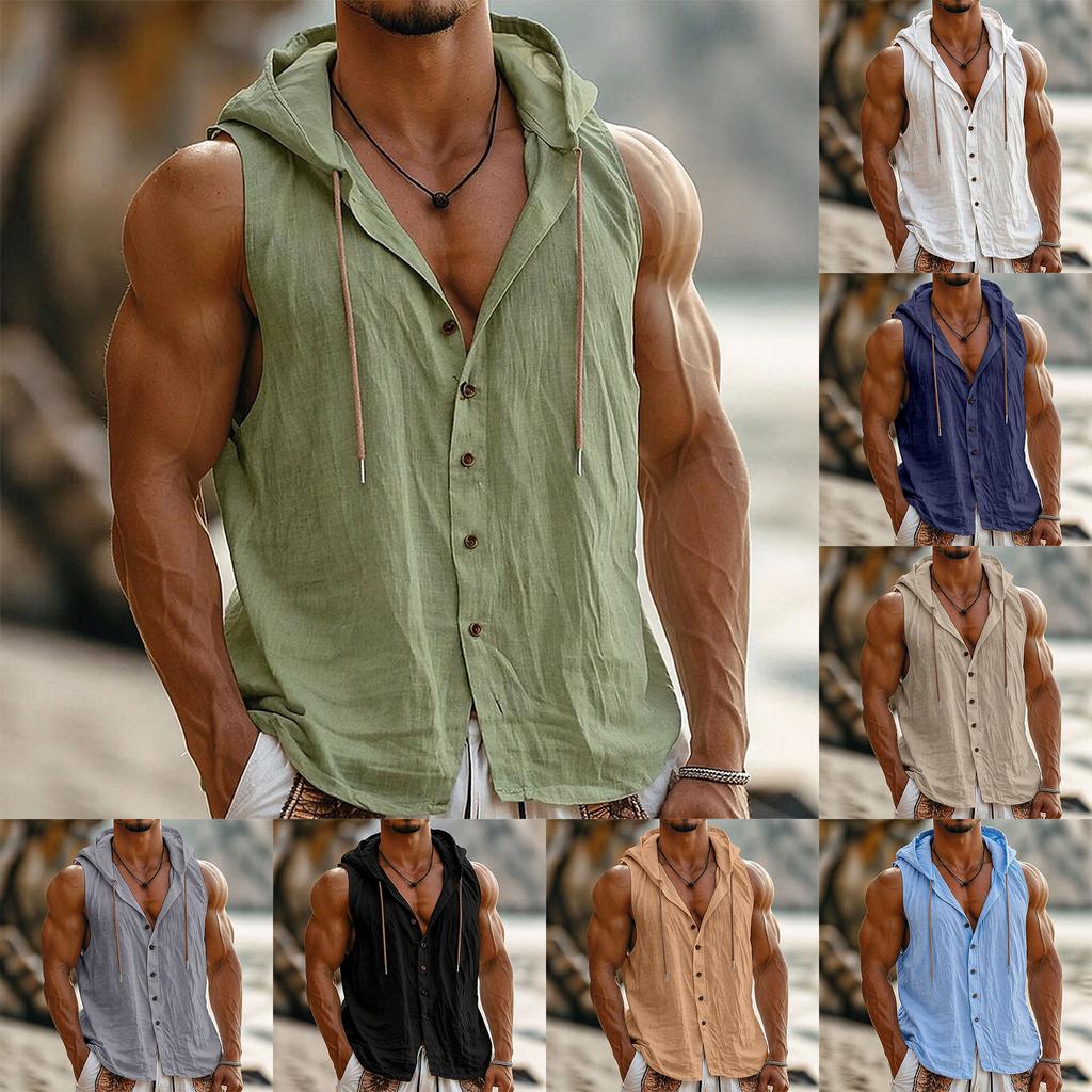 Men Sleeveless Hooded Vest Button Front Linen Cotton Blend Casual Lightweight Summer Shirt Outerwear