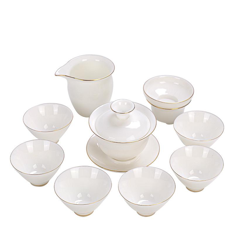 Suet Jade Tracing Tea Set Gift Set Creative Ten-head White Porcelain Tea Set Set Commercial Holiday Gift