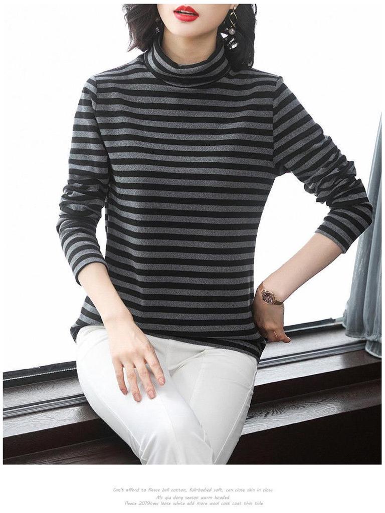 2024 Damen Übergröße Gestreiftes Samt-Oberteil mit hohem Kragen und langen Ärmeln für Herbst & Winter