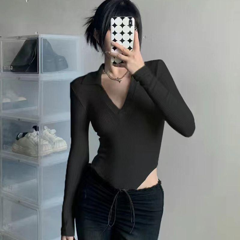 Deep V Long-sleeved Jumpsuit for Women Sexy Hot Girl Slim Fit Top Bottoming T-shirt