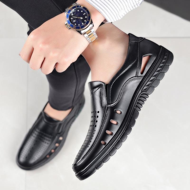 2025 summer new men's hollow sandals first layer cowhide middle-aged and elderly father shoes breathable casual shoes overshoes