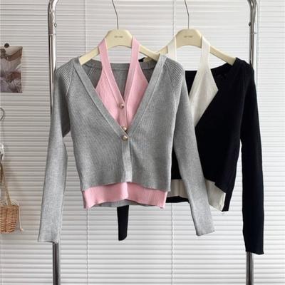 Two Off-the-shoulder Knitted Cardigans for Women's Early Autumn Design, A Unique and Slim Short, Contrasting Color Top