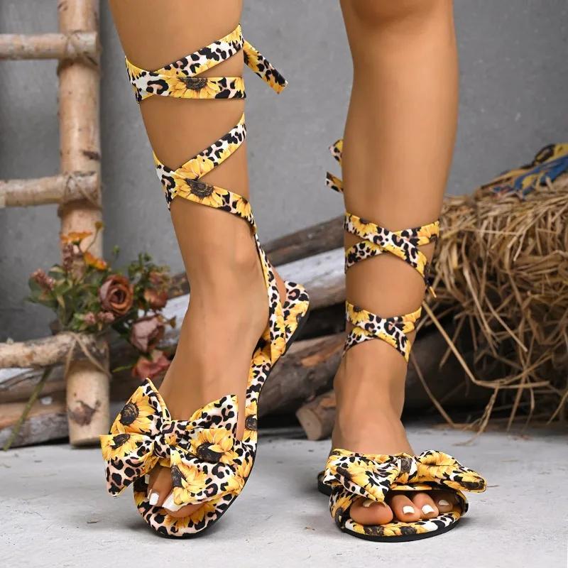 2025 Summer Women's Sandals Elegant Office Leopard Print Square Heel Sandals Hot Sale Butterfly-knot Flat with Shoes for Women