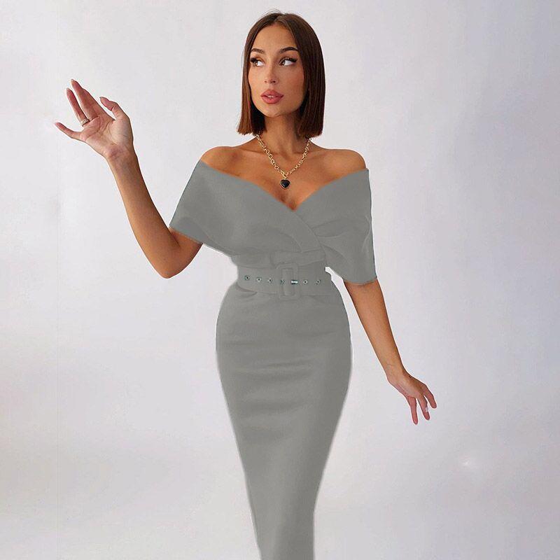Women s Off Shoulder Ruched Bodycon Midi Dress Elegant Belted Satin Cocktail Party Dress S серый