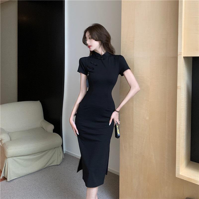 

Летнее ретро платье ципао на пуговицах черного цвета с разрезом на талии XL (suggested for 55-60 kg) чёрный