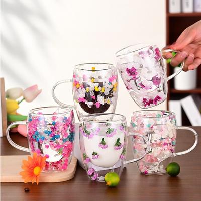 Creative Dried Flower Double Wall Glass Cup Clear Heat Resistant High Borosilicate Glass Coffee Mugs for Hot Cold Beer Mug Gift