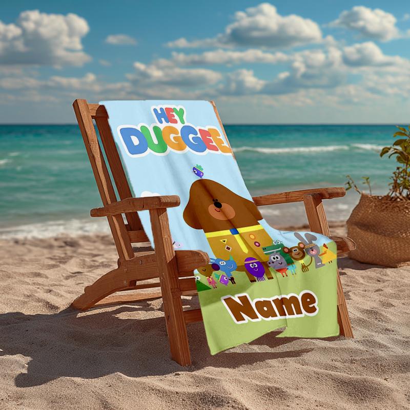 Custom Name Ultra-Soft Beach Towel with Hey Duggee Theme,Ideal for Pool - Camping, Diving - Perfect Travel Essential, Vibrant Beach Towel.