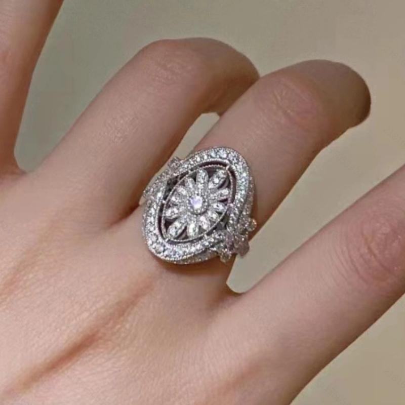 6-10 Size Luxurious Sparkling Inlaid Zircon Flower Oval Ring, Women's Able Wedding Banquet Accessories Jewelry