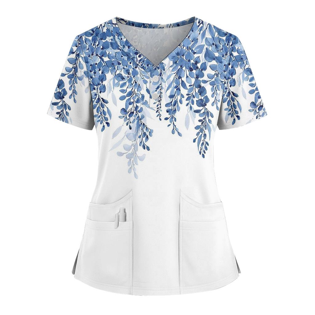 Dames Løs Kortarmet Mote Blomster- og Plante trykk V-hals Kneppbar Sideslisse Topp T-skjorte