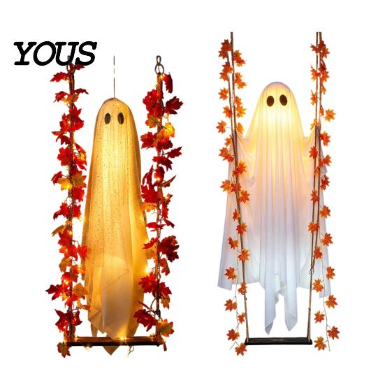 Realistic Fabric Ghost Light Up Hanging Swinging Halloween Decoration with Remote Control, Large White Spooky Outdoor Yard Decor Ornament Maple Leaves