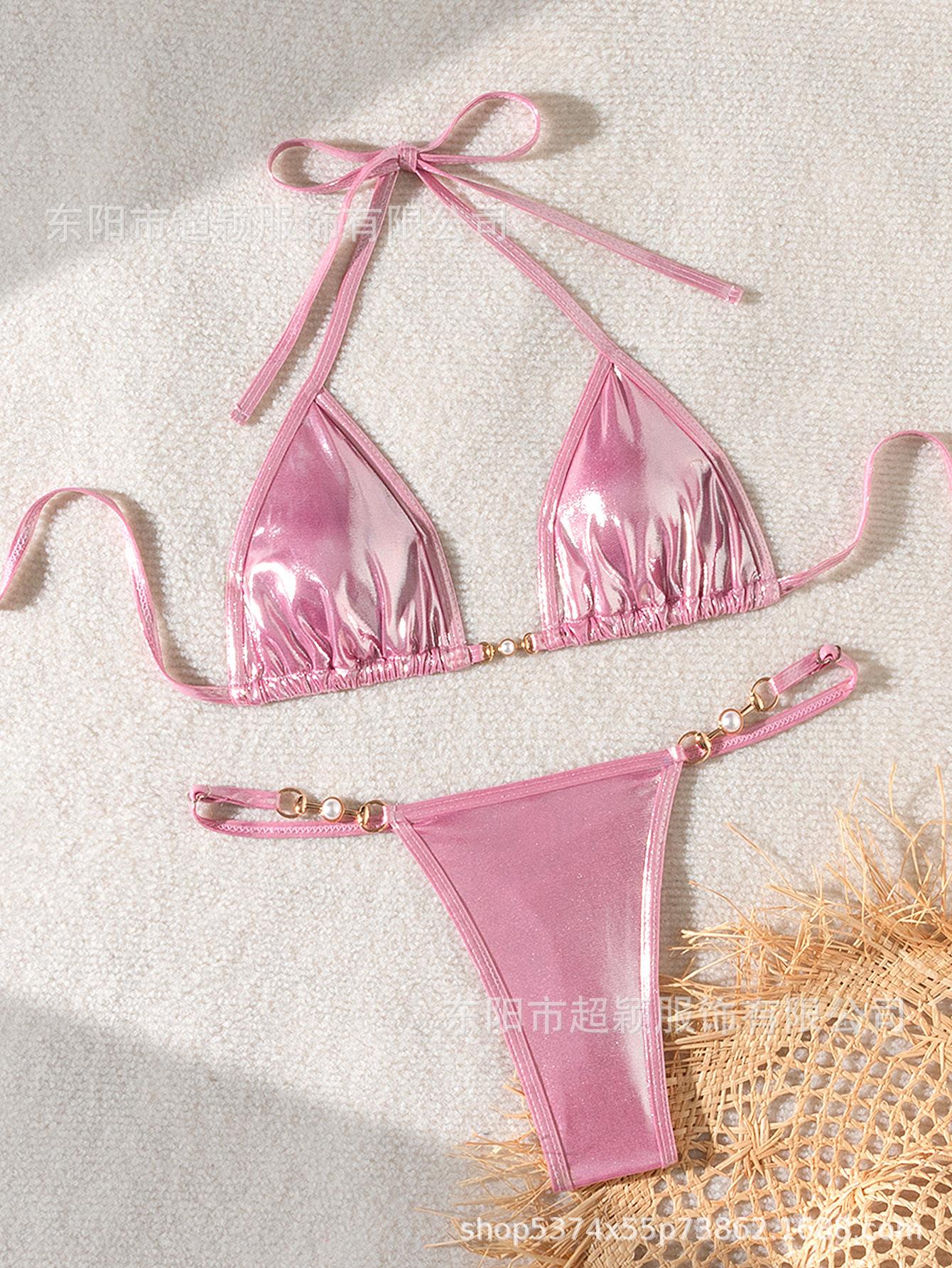 European And American New Sexy Glossy Pearl T-Shaped Bikini Swimsuit Bikini S