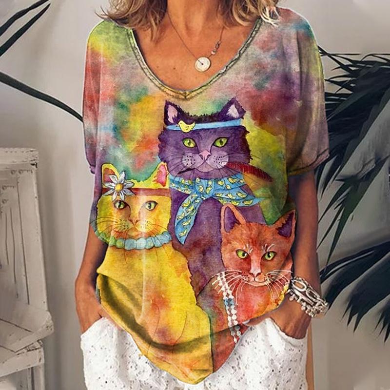 Women's 3d Cats Print T-Shirt Fashion Woman Blouses 2025  Funny Kawaii V-Neck T Shirt Female Clothing Oversized Summer Tops Tees