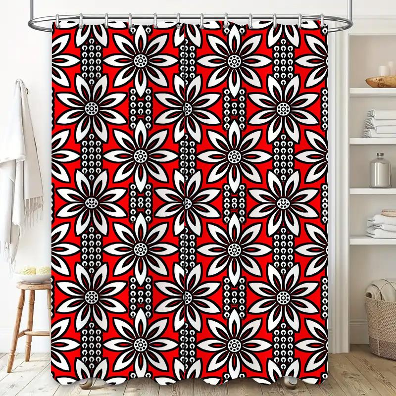 Red White Floral Print Shower Curtain Modern Bathroom Decor for Bathtub, Water Resistant Fabric with Hook Rings (Size: 72 x 84 i