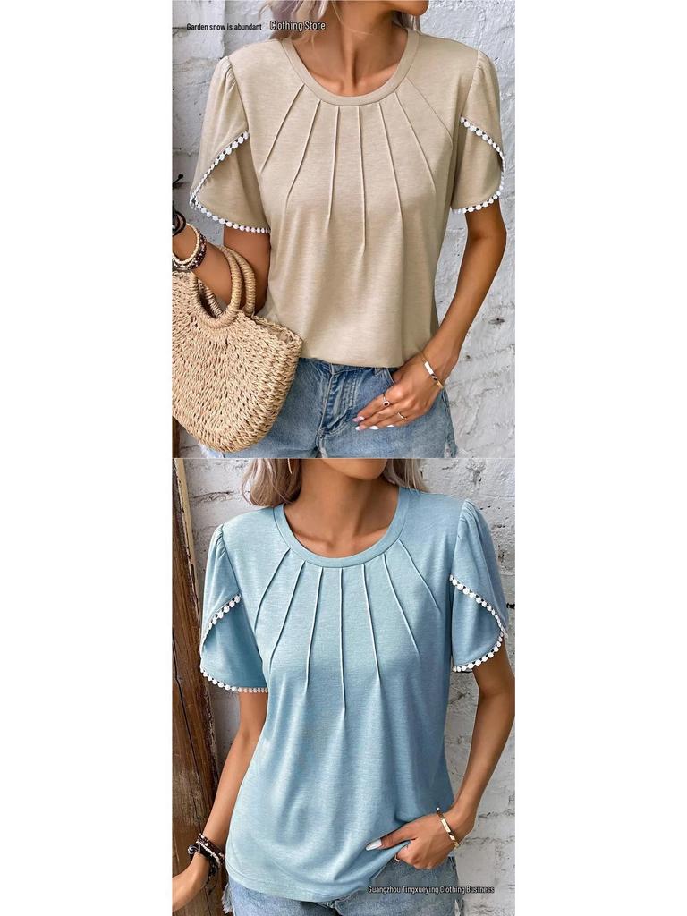 2026 Women's Summer Solid Color Pleated T-Shirt with Lace Short Sleeves