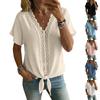 Short Sleeve V Neck Lace Trim Front Tie Casual Loose Fit Blouse for Women Comfortable Summer Top