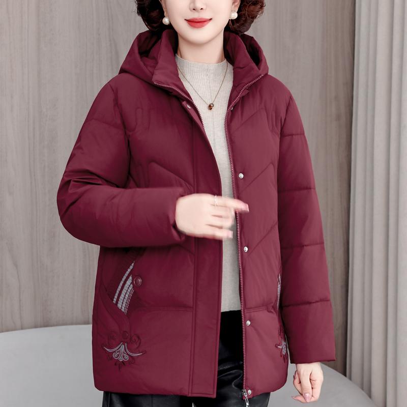 Plus Size XL-5XL Middle Age Woman Winter Coats Hooded Elegant Loose Thick Warm Embroidery Parkas Female Jacket