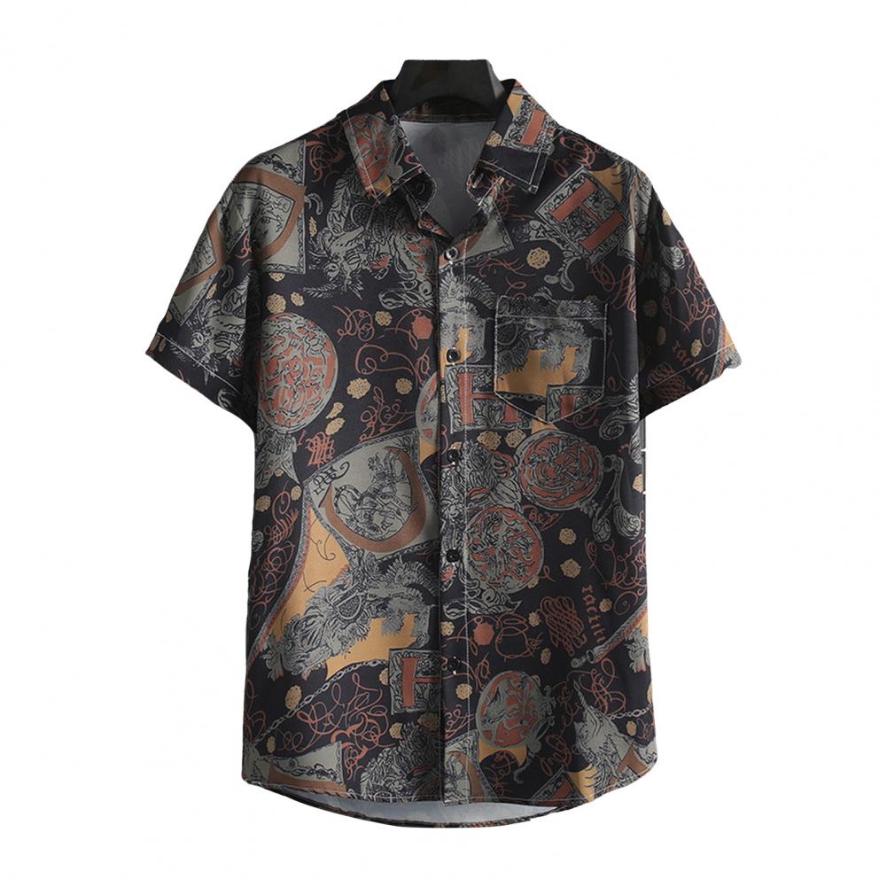 Summer Men Blouse Floral Print Short Sleeves Tropical Style Hawaii Comfortable Fit Plus Size Single-breasted Turn-down Collar Quick Dry Mid