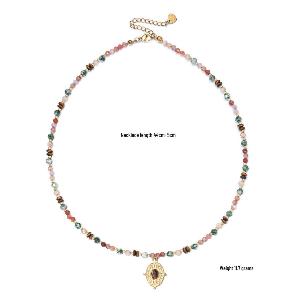 Bohemian Multi-color Stone Beaded Necklace with Stainless Steel Pendant