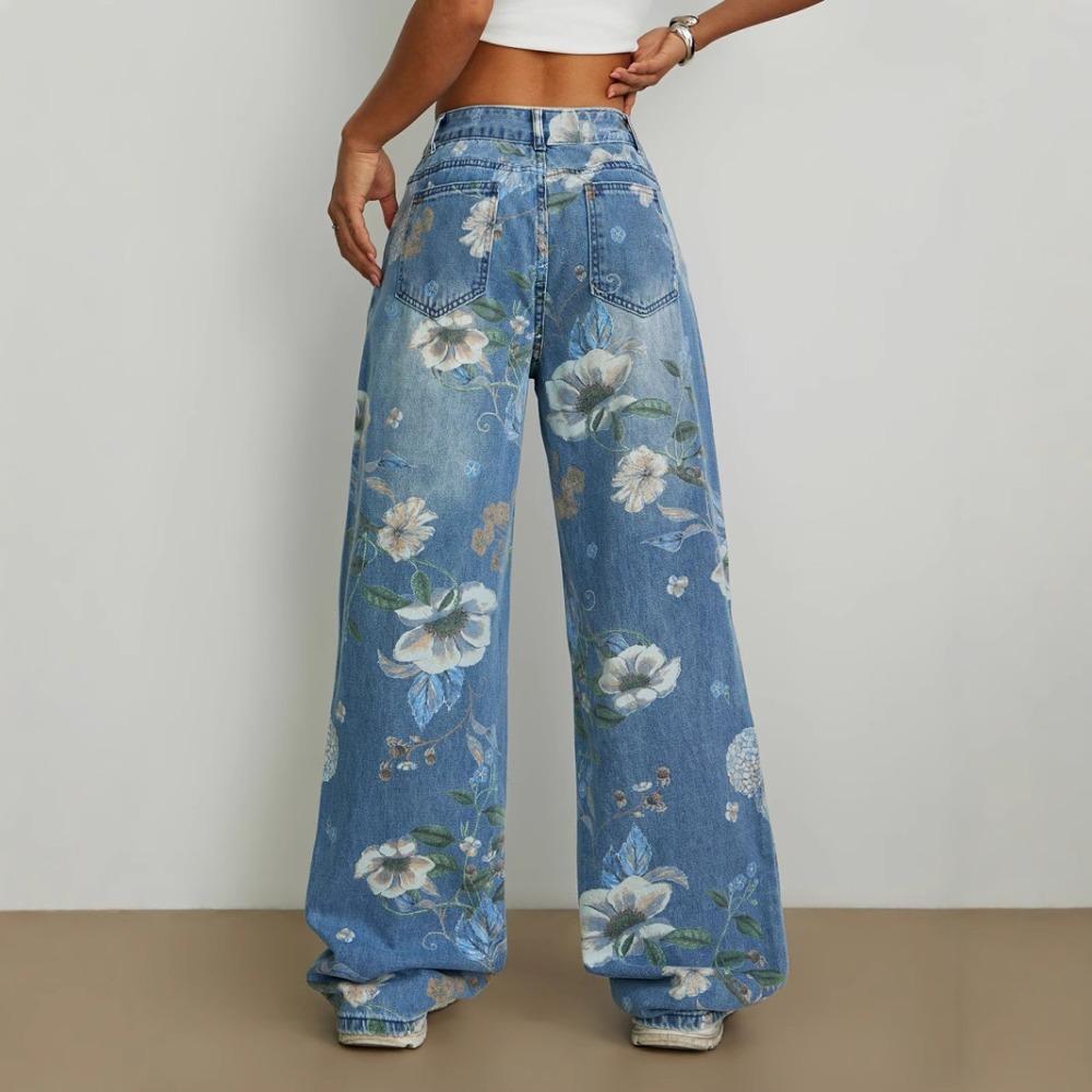 Women's Low Rise Wide Leg Jeans Loose Fit Floral Flower Print Non Stretch Long Denim Trousers