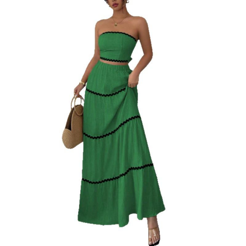 2026 Summer European & American Holiday Casual Strapless Lace Patchwork Long Dress & Two-Piece Women's Set