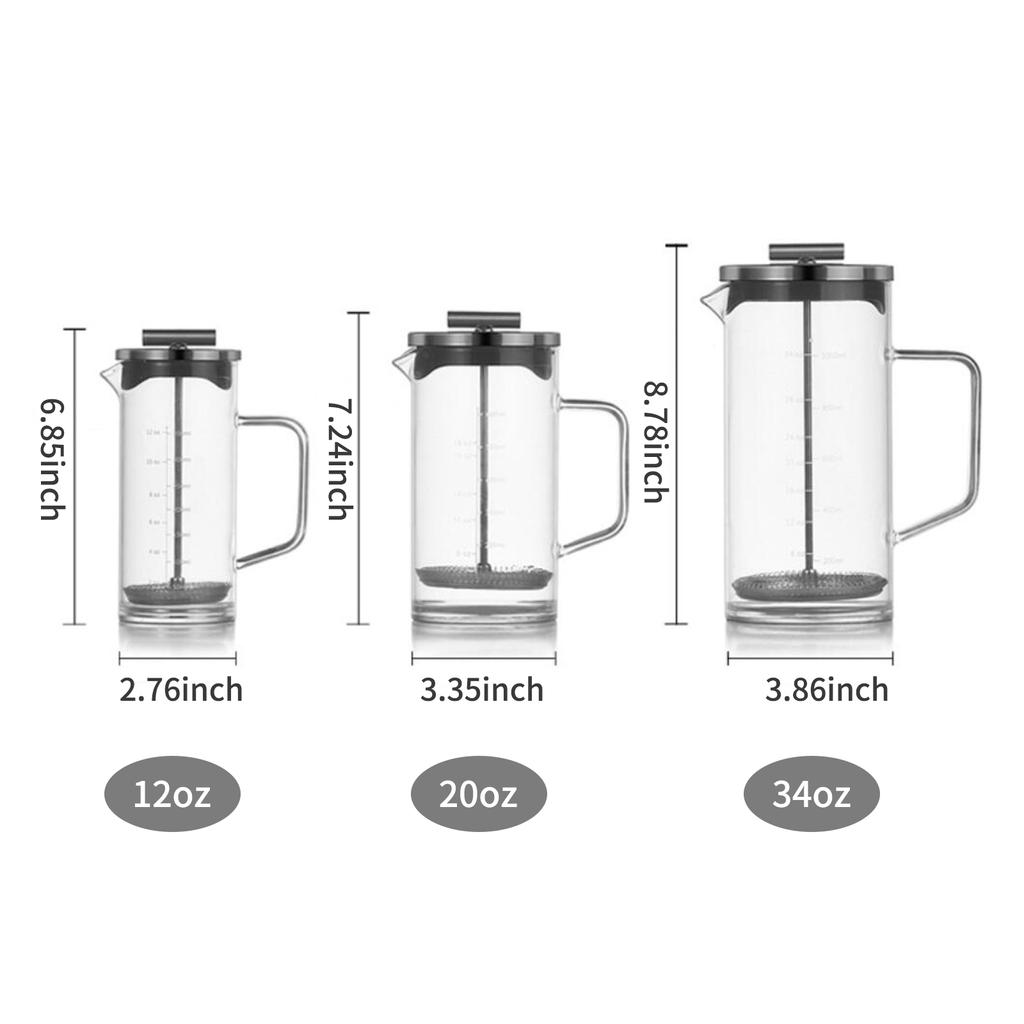 12oz francouzský kávovar s filtrem z nerezové oceli s vysokou hustotou, tepelně odolným borosilikátovým sklem