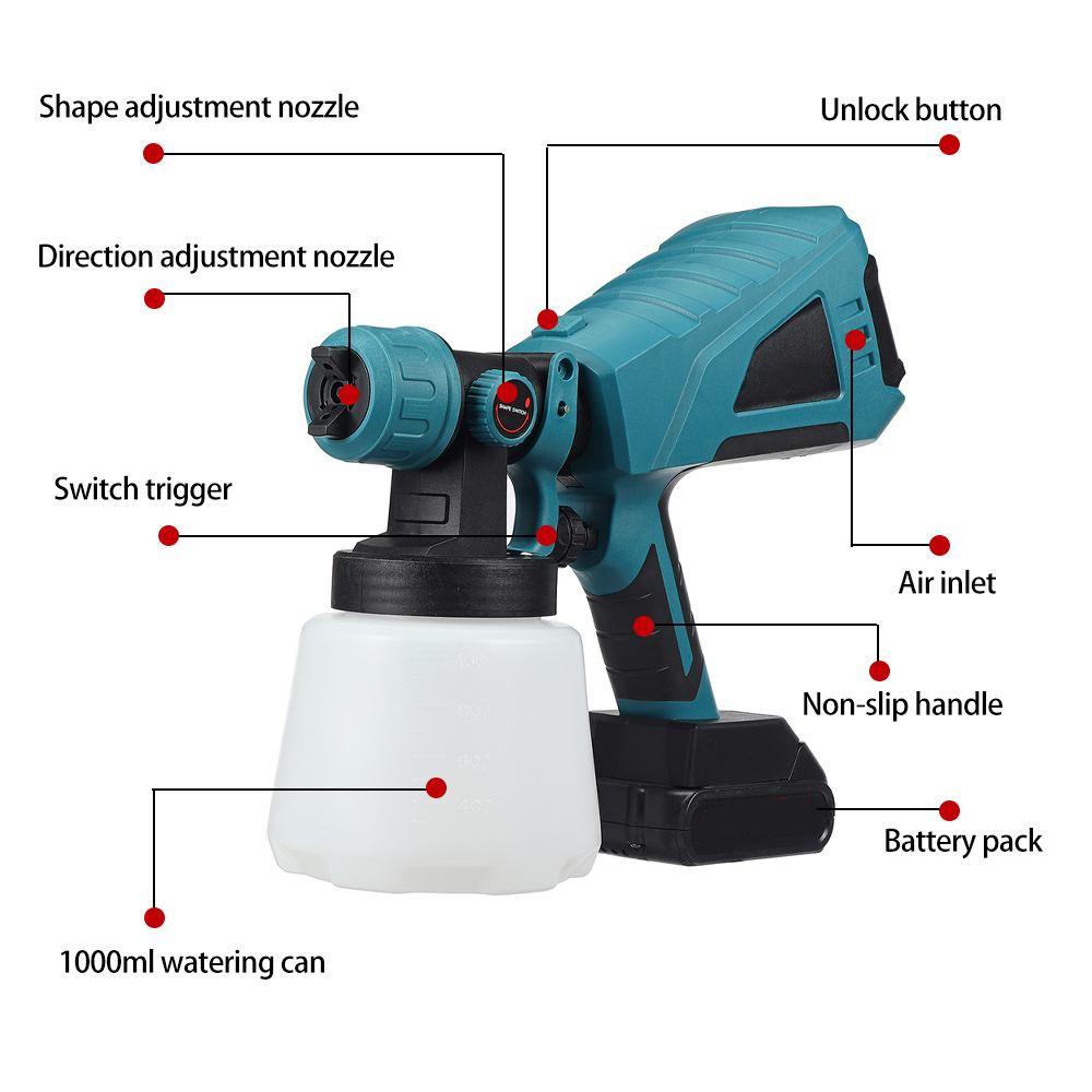1 Set 1000ML Cordless Electric Spray Gun Airbrush Paint Sprayer For 18V Battery