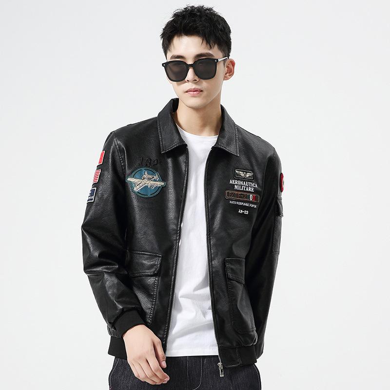 Кожаная куртка Модная и стильная Весенняя и осенняя кожаная куртка Модная уличная Корейская версия Приталенная Ретро Мотоциклетная куртка M