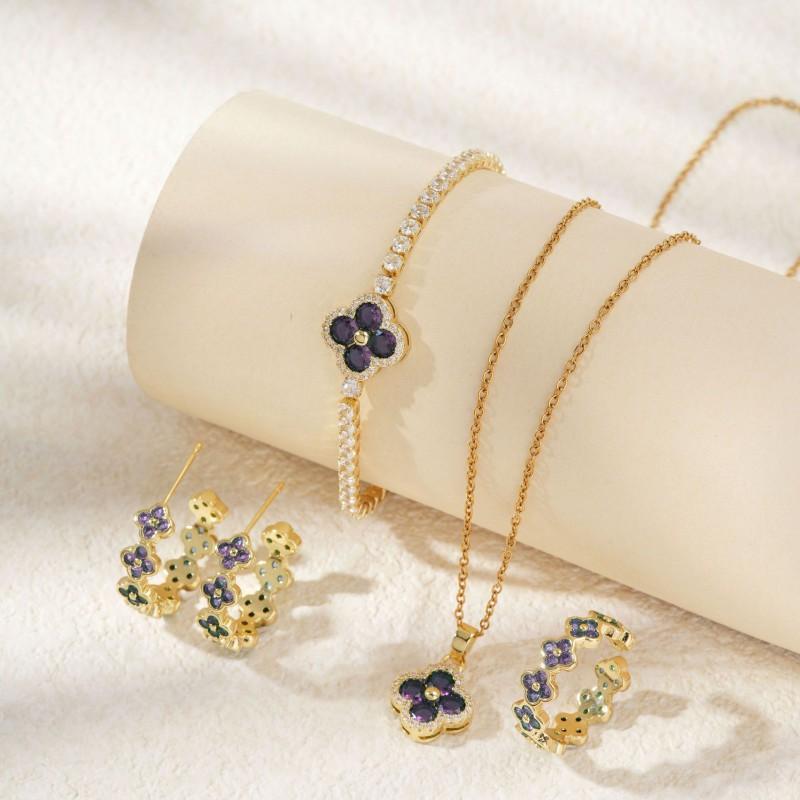 Elegant Floral Clover Jewelry Set Women Earrings Necklace Bracelet Ring In Chic Style Copper Plated